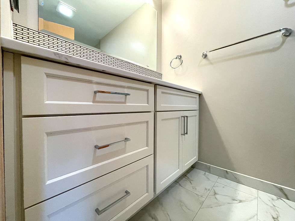 new vanity with white paint and chrome pulls
