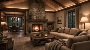layered lighting evening scene in great room with vaulted ceiling