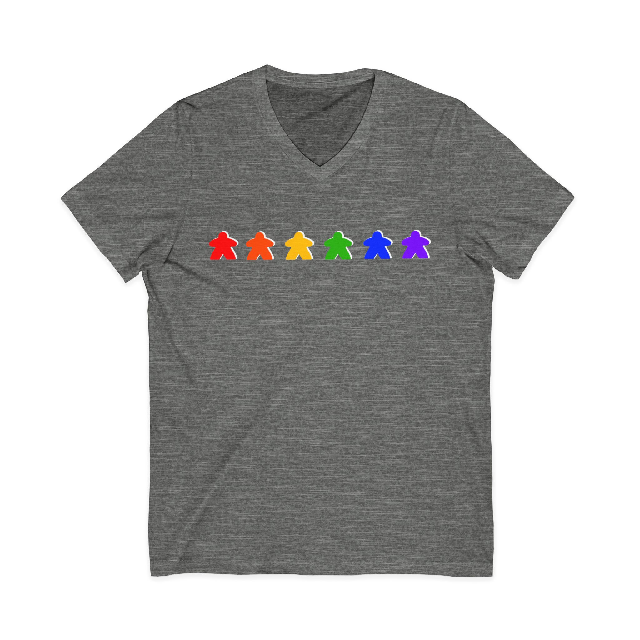 Gamer Tee Shirt, Rainbow Meeples Dark Unisex V-Neck, Boardgames, Geek, Gift, Fun