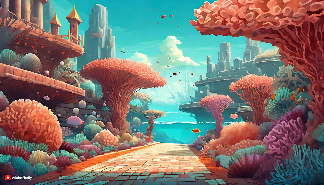 Firefly cartoon like street in a city made of corals under the sea 58698.jpg