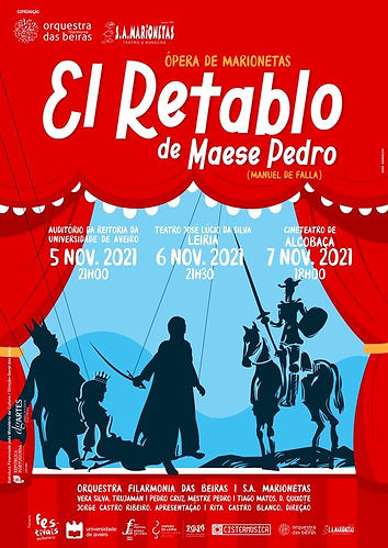 Cartaz da ópera de marionetas El Retablo de Maese Pedro com datas em novembro de 2021.