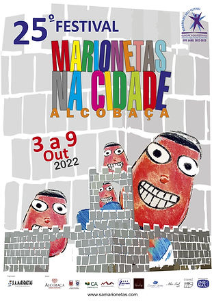 Cartaz do 25º Festival de Marionetas na Cidade de Alcobaça de 2022, organizado pela S.A.Marionetas, de 3 a 9 outubro 2022, com várias caras de robertos sorridentes espreitando de um castelo de pedra.