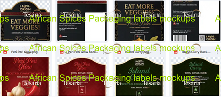 African sauce packaging design concept by Tesaria showing luxury food labels for Peri Peri, Curry, and Ethiopian simmer sauces.