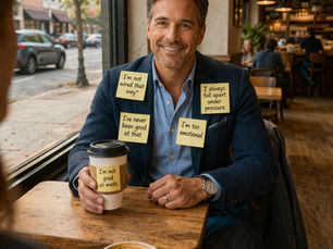 A casually dressed man sitting in a coffee shop with sticky notes on his shirt and coffee cup showing self-limiting internal narratives, symbolizing the invisible stories people carry about themselves.