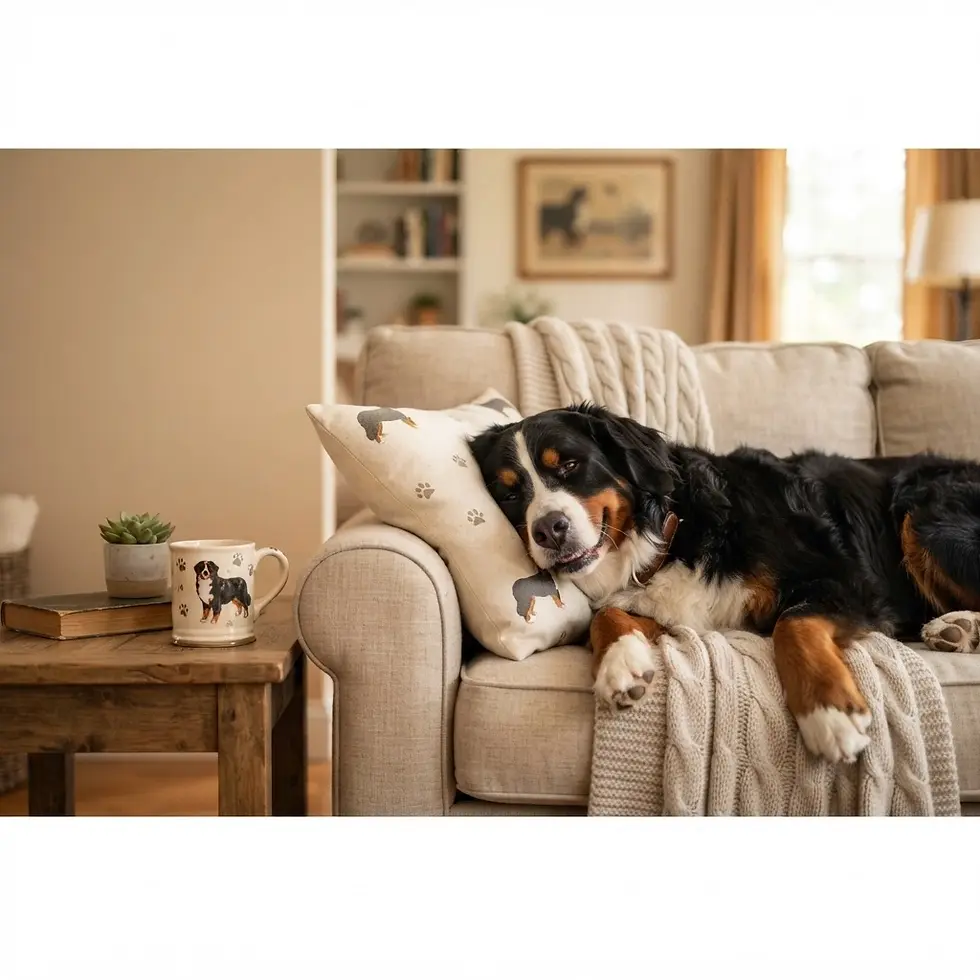 Studio photography of a Bernese Mountain Dog resting comfortably on a beige sofa. The cozy living room scene creates an inviting and warm atmosphere.