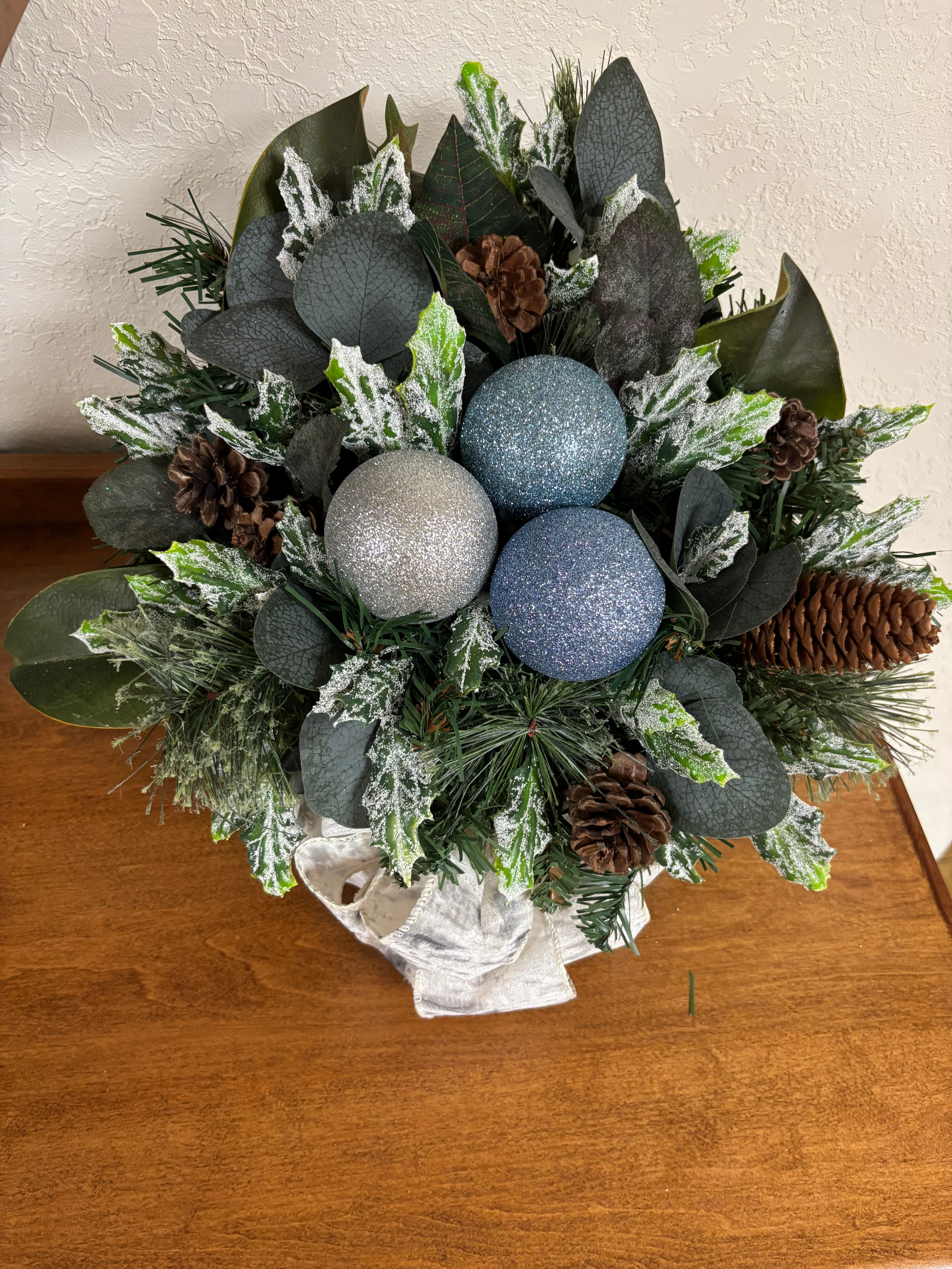 Winter Evergreen Arrangement in Gray Wood Box