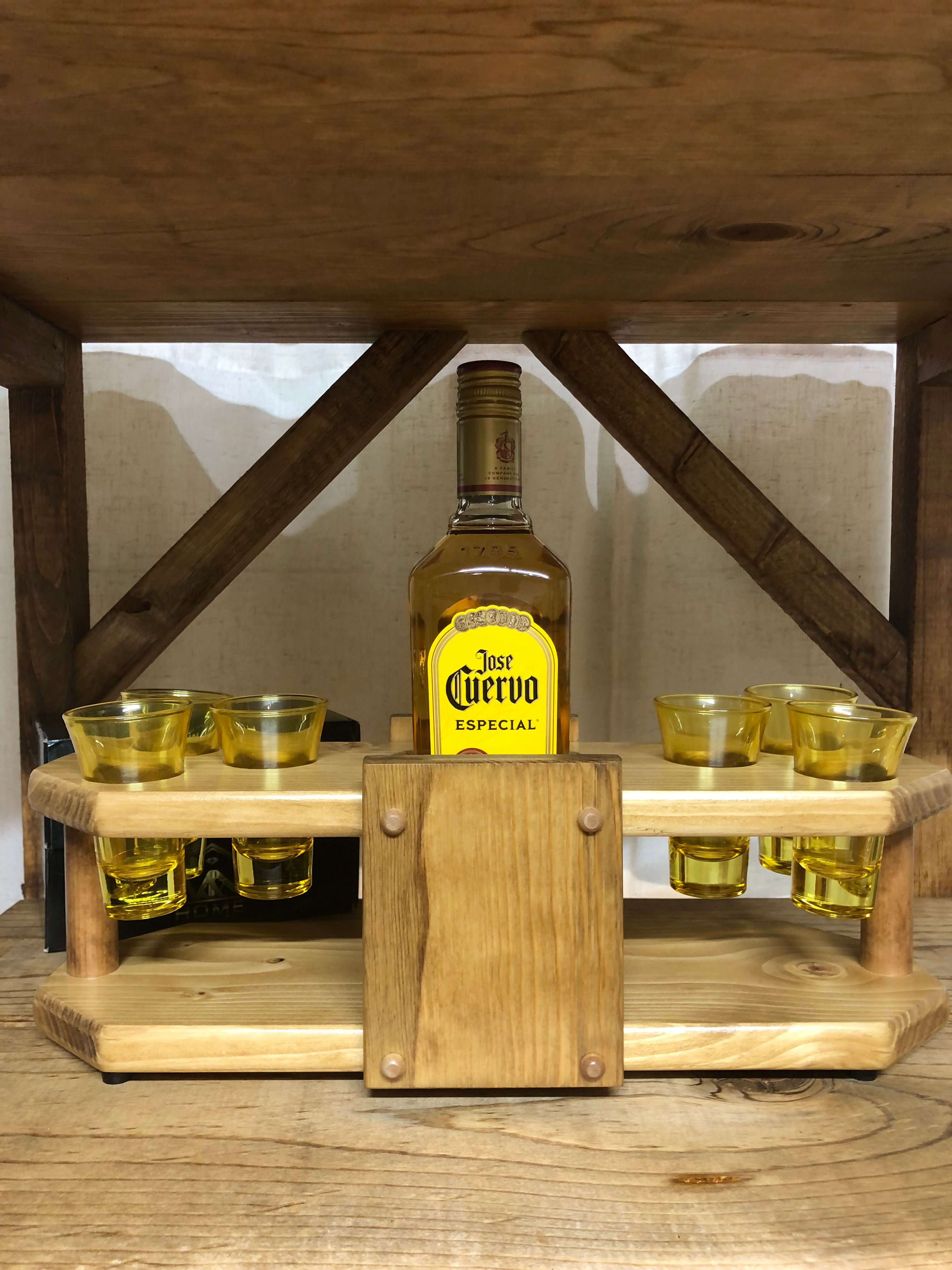 Rustic Tequila Shot Tray with Bottle Holder