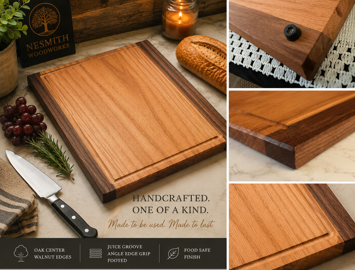 Handcrafted Oak & Walnut Cutting Board with Juice Groove