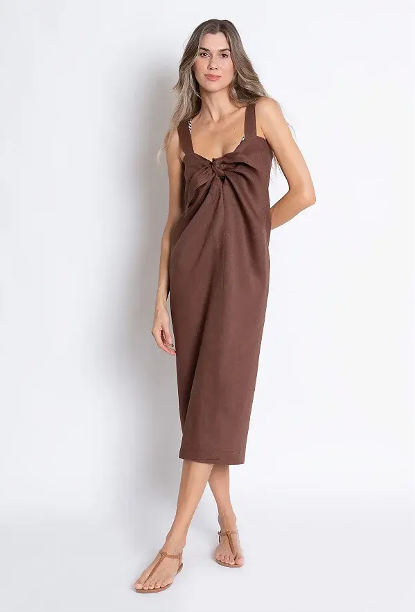 Vestido Lenço Linho Marrom Loér