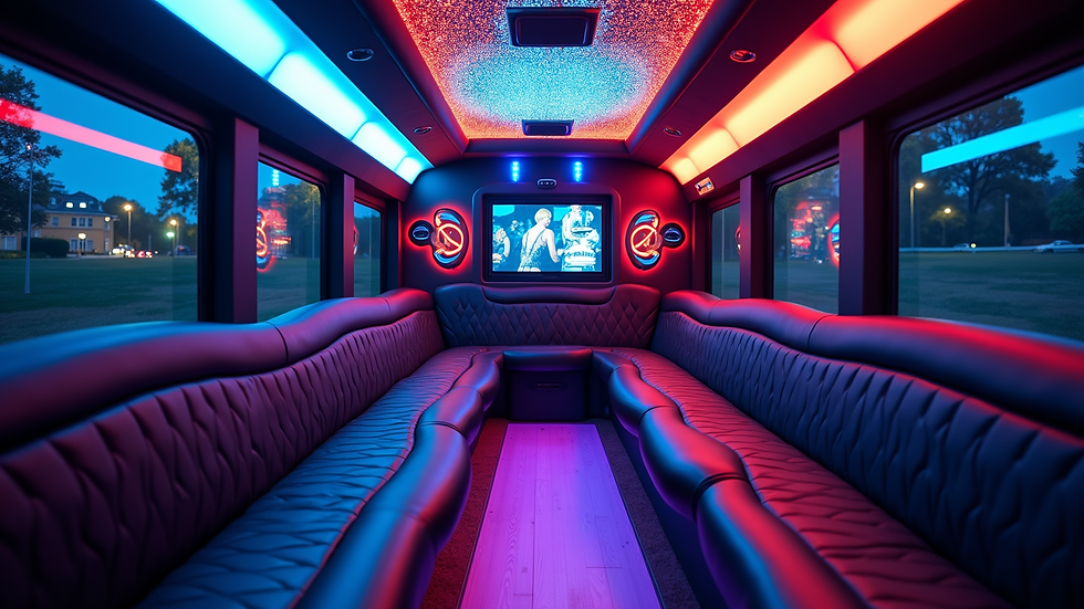 Eye-level view of a luxury party bus interior with colorful LED lights and plush seating