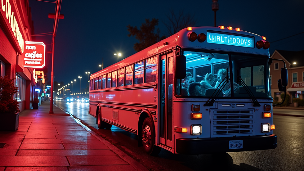 Wide angle view of a party bus exterior parked outside a prom venue at night