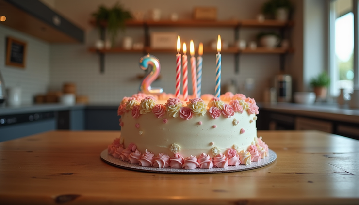 Eye-level view of a beautifully decorated birthday cake on a wooden table inside Le Sud Patisserie shop