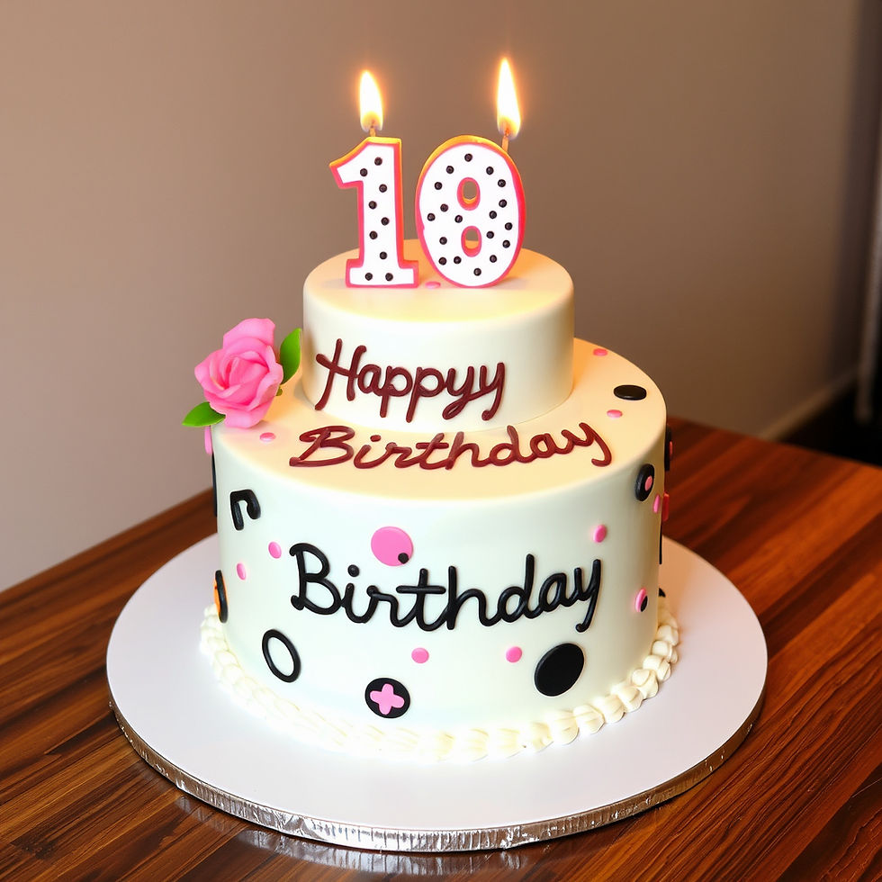 Two-tier white birthday cake with "Happy 18th Birthday" and candles. Pink accents and a rose on top. Placed on a wooden table.