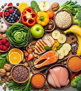 Nutrition text beside assorted fresh fruits and vegetables on a white table.