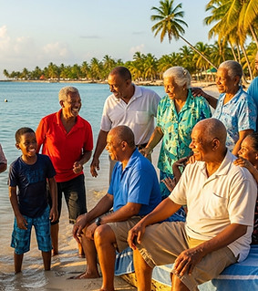 Large family poses on beach near ocean, clear sunny sky Mybiofix