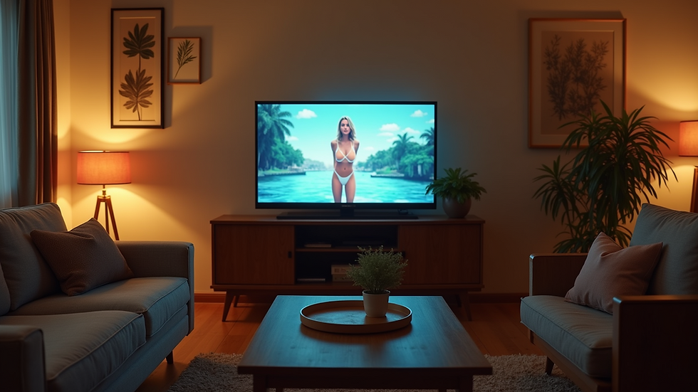 Eye-level view of a cozy living room with a television displaying a popular show