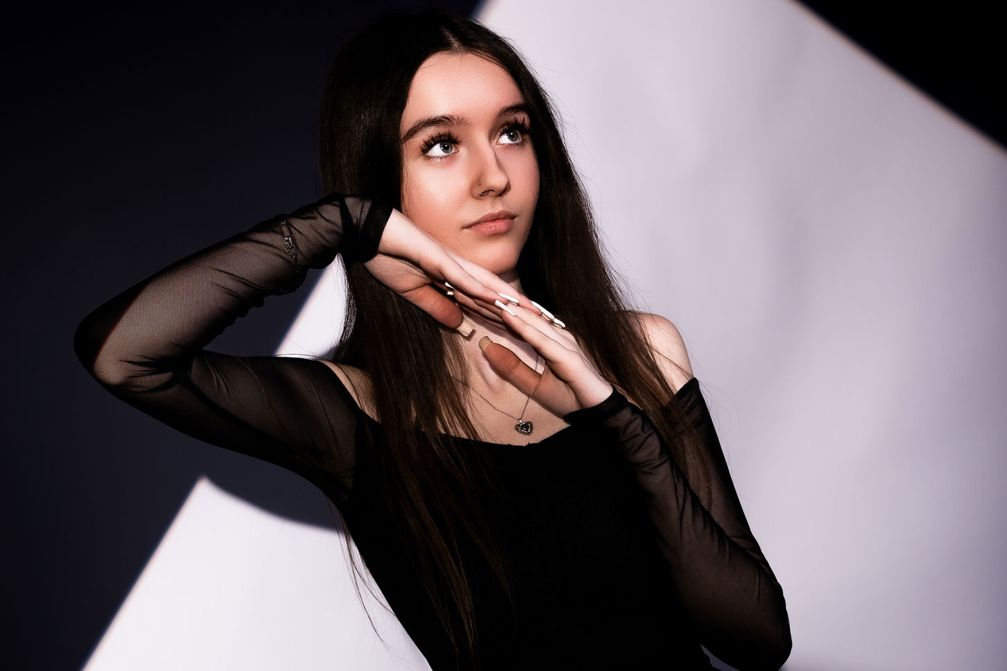 Portrait of a young woman with long dark hair, wearing a black sheer top.