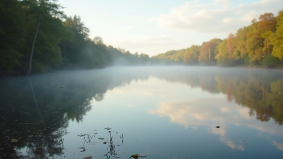 Eye-level view of a serene lakeside with soft morning light