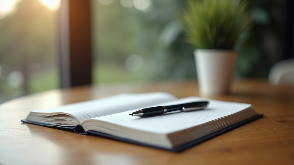 Close-up view of a journal and pen on a wooden table, symbolizing reflection and growth