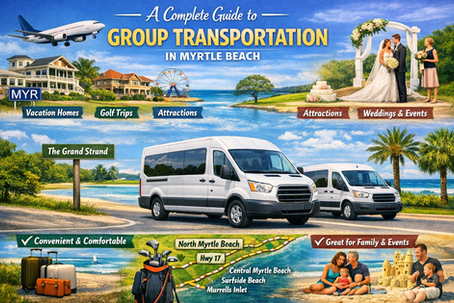 15‑passenger shuttle vans for group transportation in Myrtle Beach with beach backdrop, highlighting airport transfers, golf trips, weddings, and Grand Strand travel