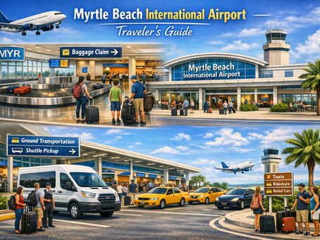 Myrtle Beach International Airport terminal and baggage claim area with travelers, shuttle pickup, taxis, and rideshare options for group transportation at MYR