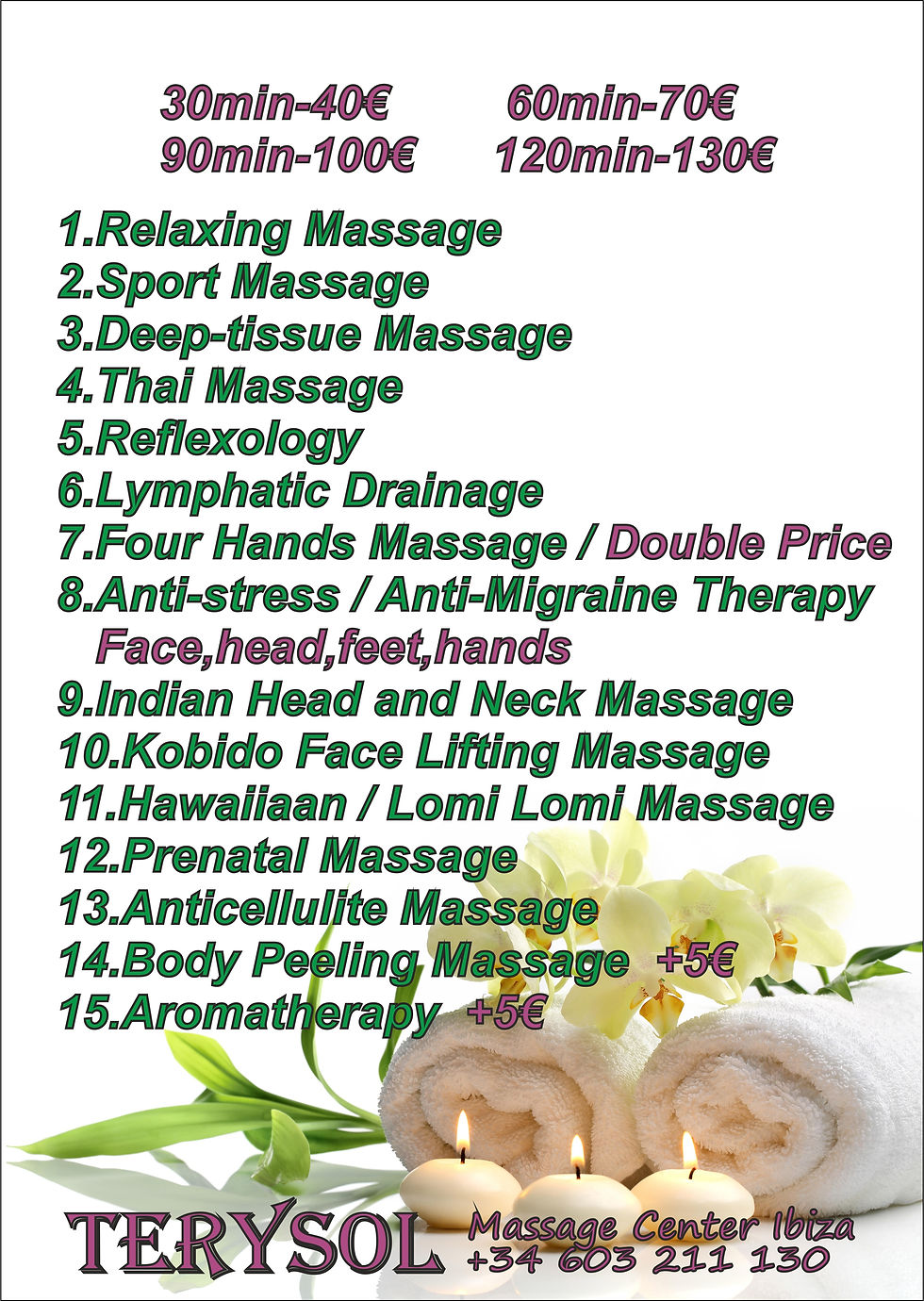 massage prices Ibiza price list English Terysol Massage