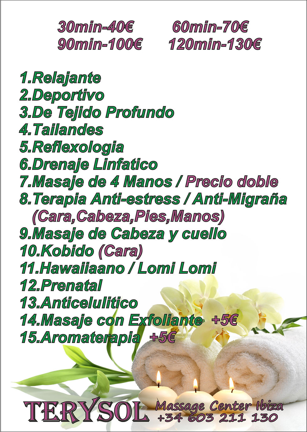 precios masaje Ibiza Lista de precios Terysol Massage San Antonio