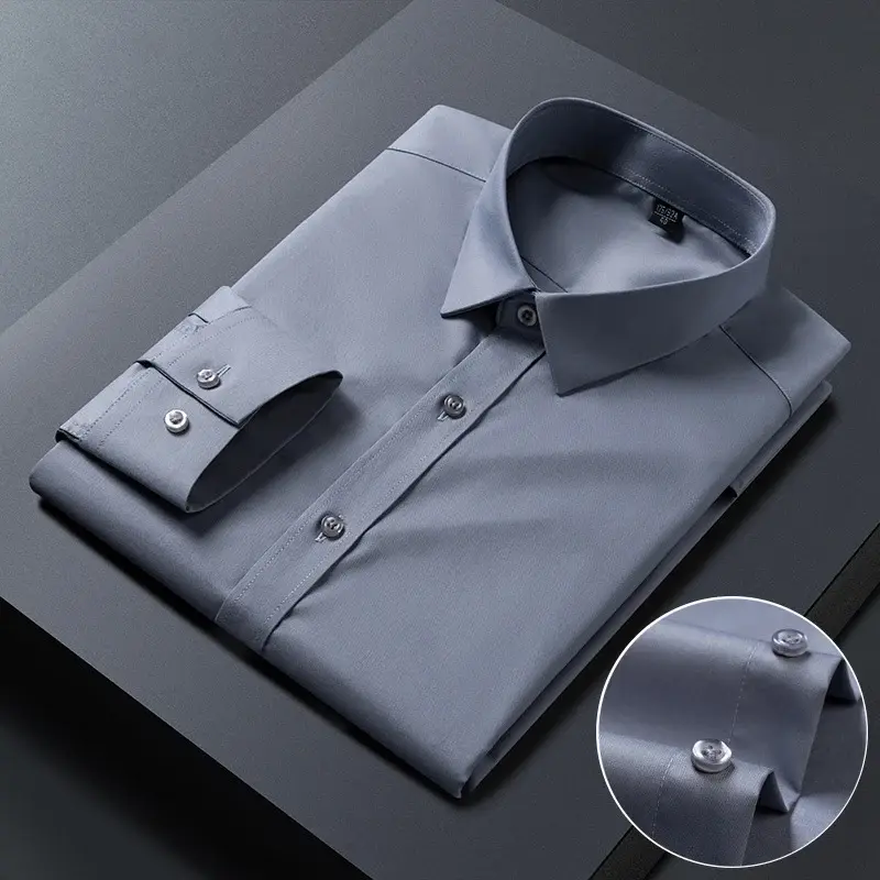 Thumbnail: Spring Autumn Men Long Sleeve Shirts Business Casual Wrinkle Resistant Solid Col