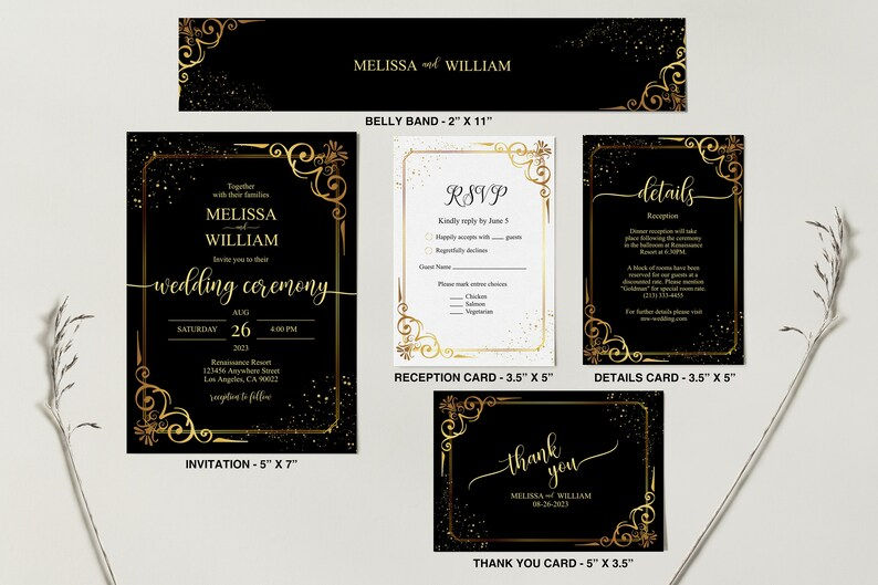 black gold wedding invites