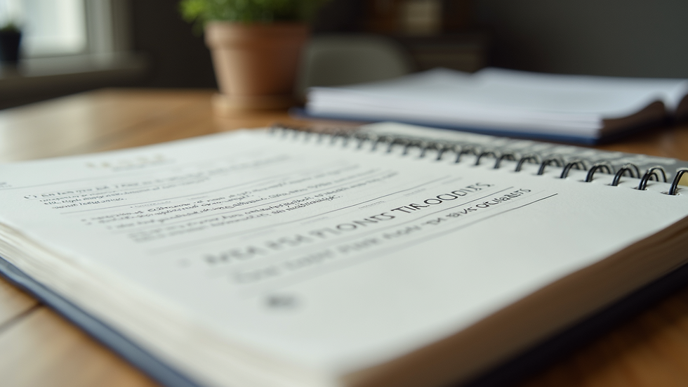 Close-up view of a notebook with grant-related documents and notes