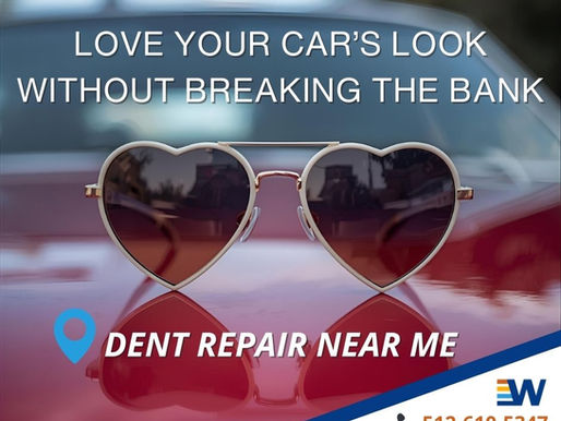 Text reading “LOVE YOUR CAR’S LOOK WITHOUT BREAKING THE BANK” is layered on top of an image of heart-shaped sunglasses sitting on the hood of a red car. A blue location icon next to the italicized words “DENT REPAIR NEAR ME” is on the bottom half of the graphic with Whitaker’s logo and phone number in the bottom right-hand corner.