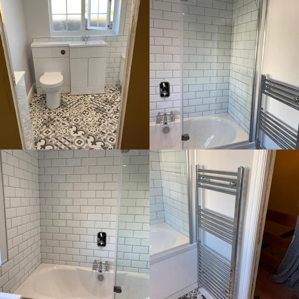 Four images showcasing a bathroom featuring a shower, toilet, and sink from different angles.