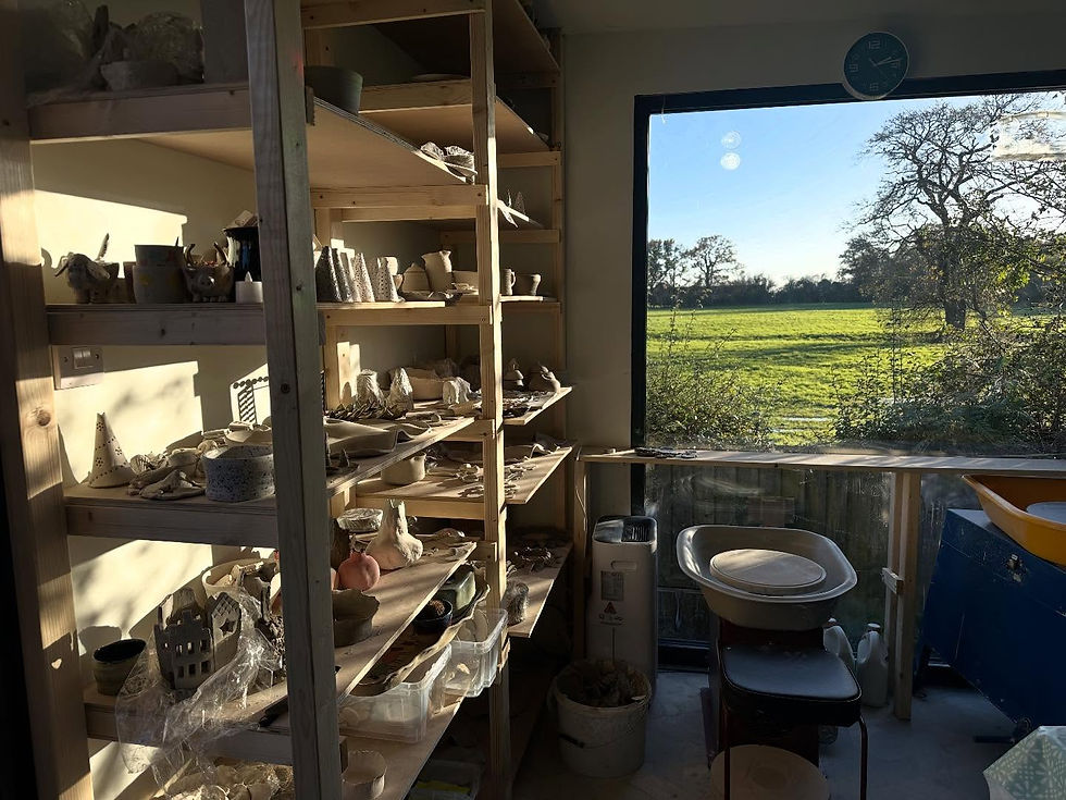 Sunlit pottery studio interior with wooden shelves holding drying ceramics, a pottery wheel, and a large window overlooking sunny fields