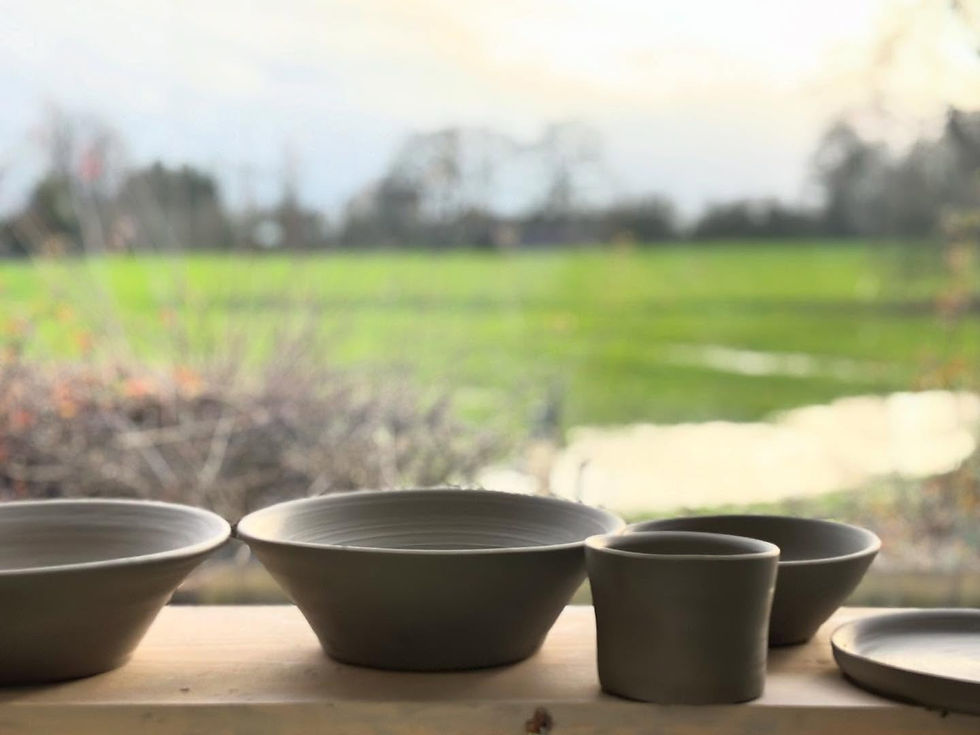 Focuses on freshly thrown ceramic bowls and a cup resting on a wooden windowsill, looking out over a lush, green field in warmer weather.