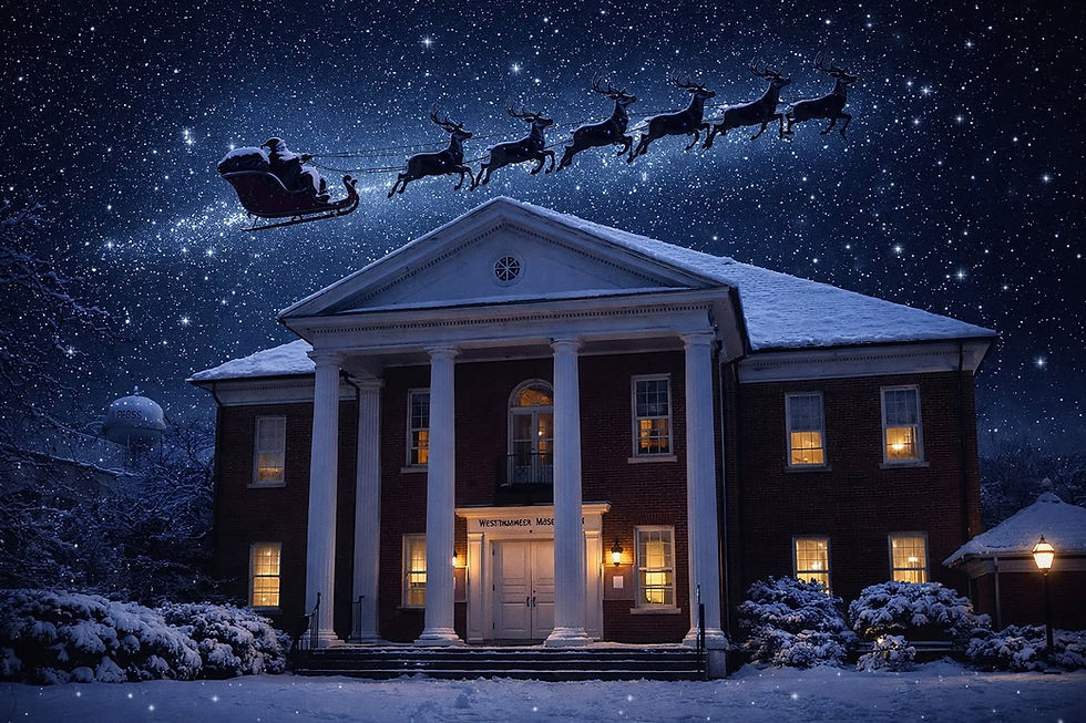 Illustration of Santa and his reindeer flying over a snow-covered courthouse beneath a starry night sky.