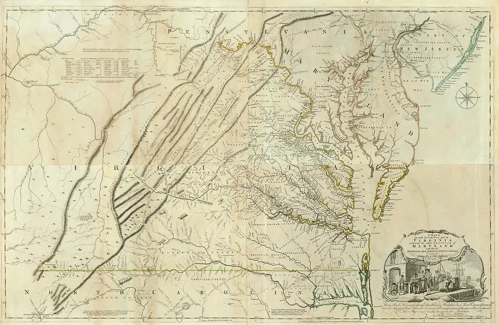 Map: 1775 Fry–Jefferson map of Virginia and Maryland showing Westmoreland County and the Northern Neck