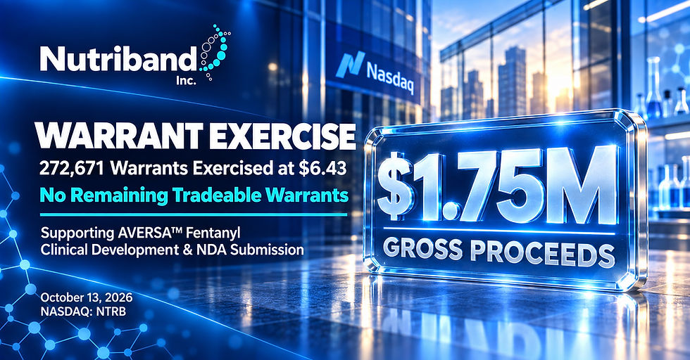 Nutriband Inc. announces exercise of warrants at $6.43 for Gross Proceeds of $1,753,274