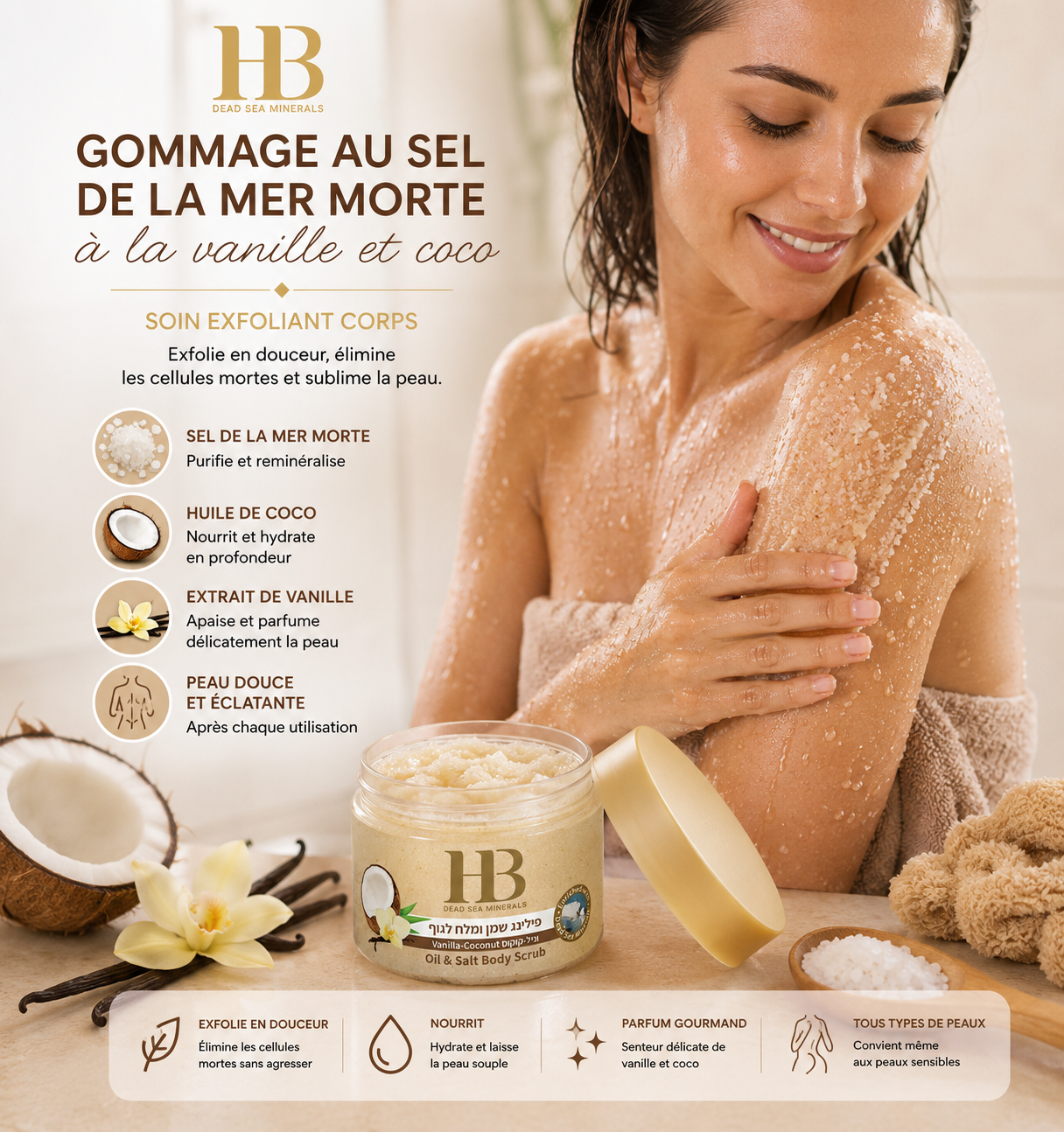 Gommage corps aux sels de la Mer Morte à la vanille et coco - Pot de 450GR