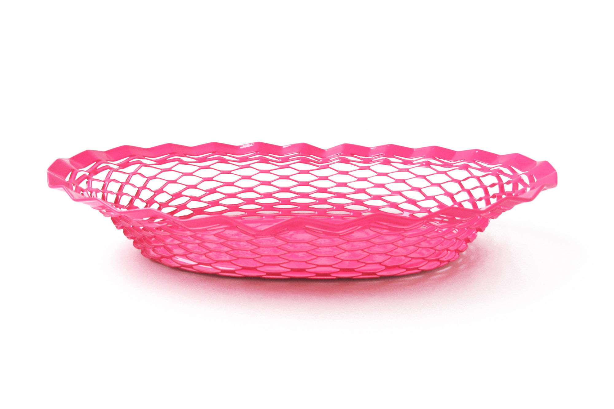 Side view of bright pink retro pink steel bread basket