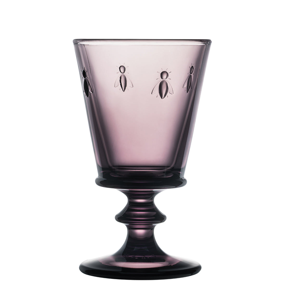 Wine glass made from purple glass with bee design by La Rochere