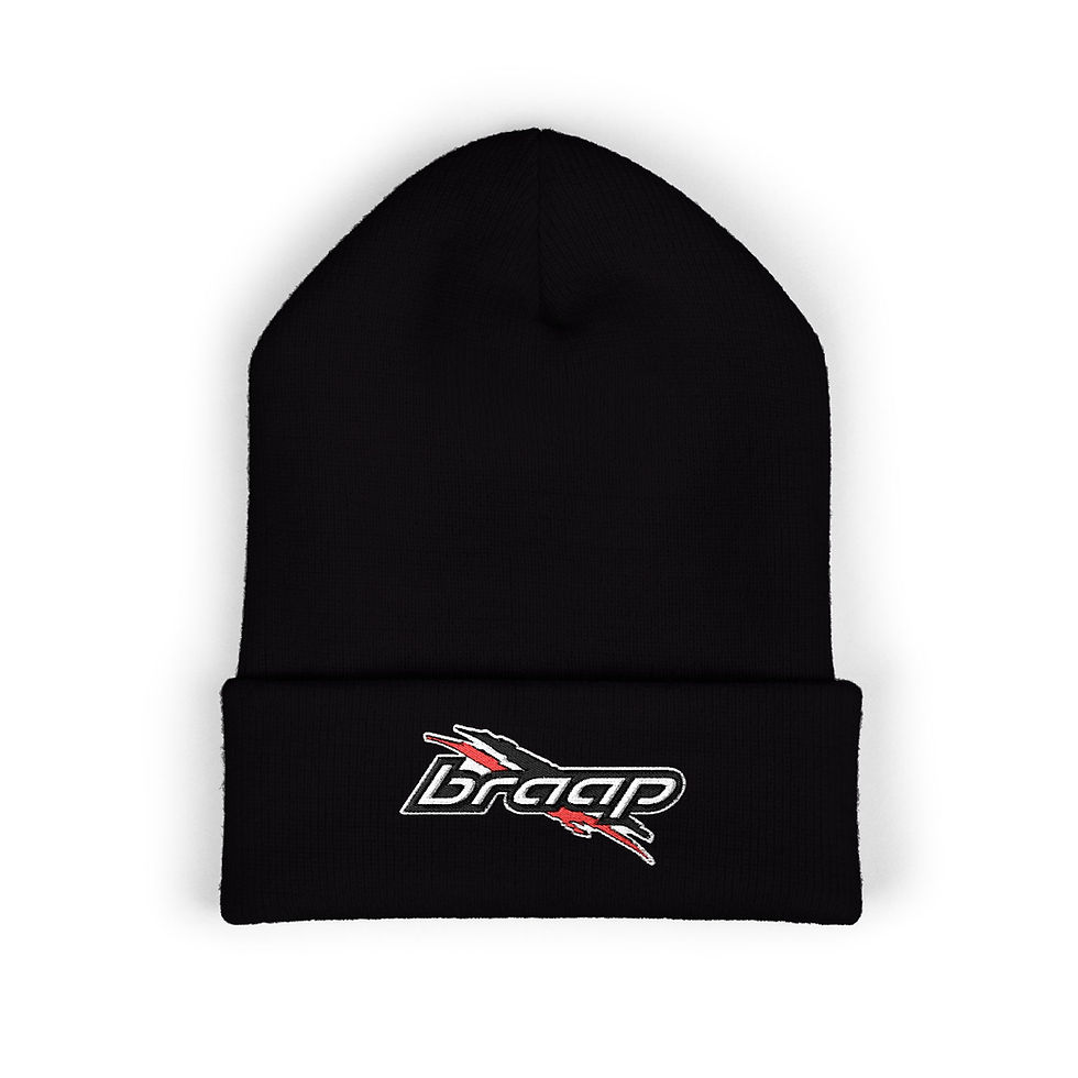 Black beanie hat with the red and white Braap logo on the front