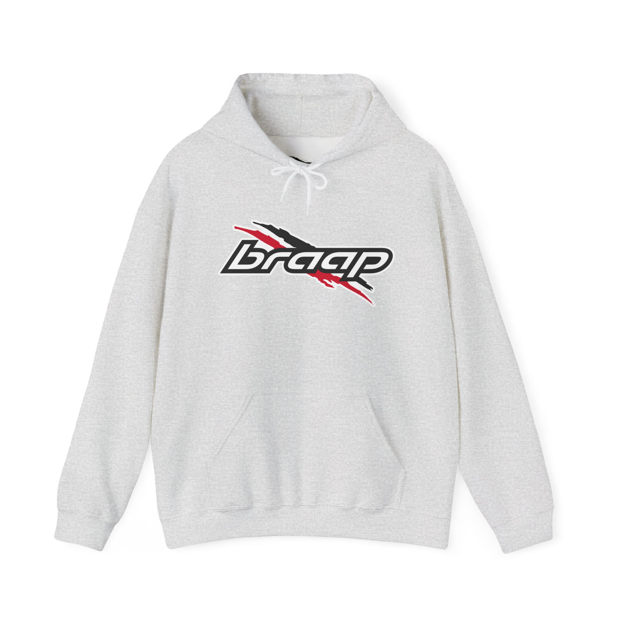 Light grey hoodie featuring the BRAAP logo; BRAAP Logo Hoodie Pullover Sweatshirt.