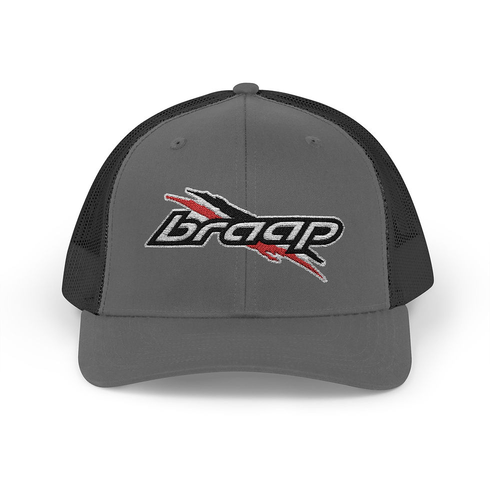 Thumbnail: Grey and black Braap trucker hat with logo, perfect for outdoor activities.