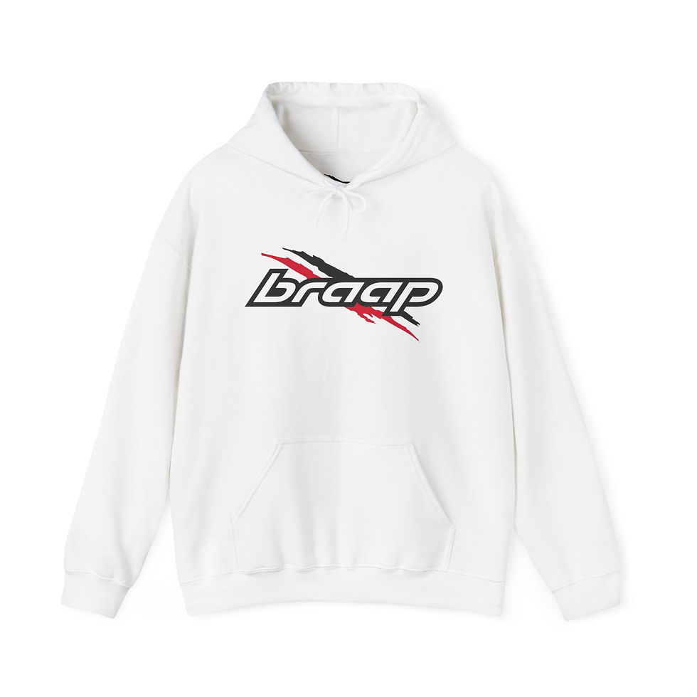 Thumbnail: White hoodie with BRAAP logo, pullover sweatshirt, stylish and comfortable outfit.