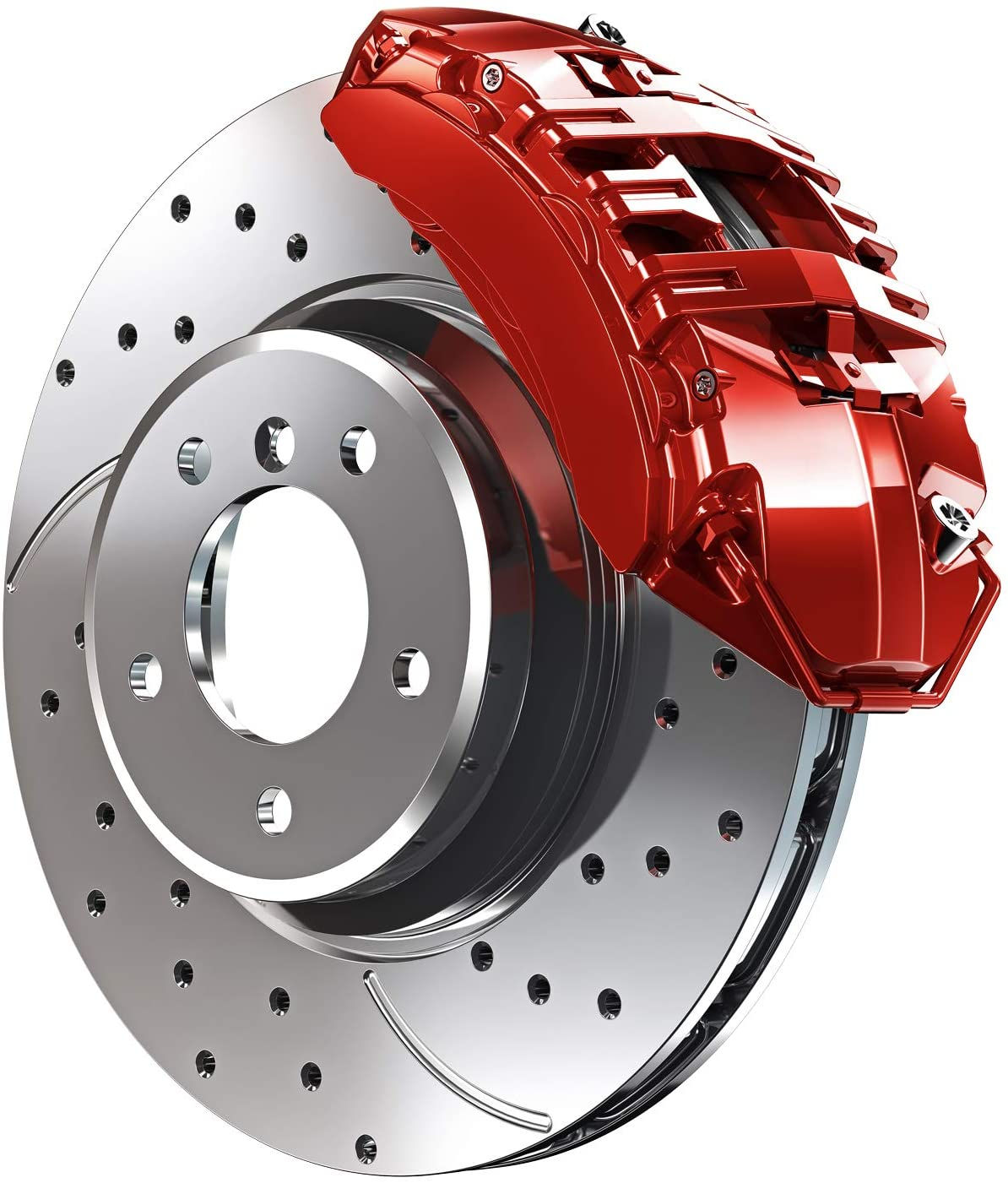 Red brake caliper and rotor on a car wheel, auto parts detail