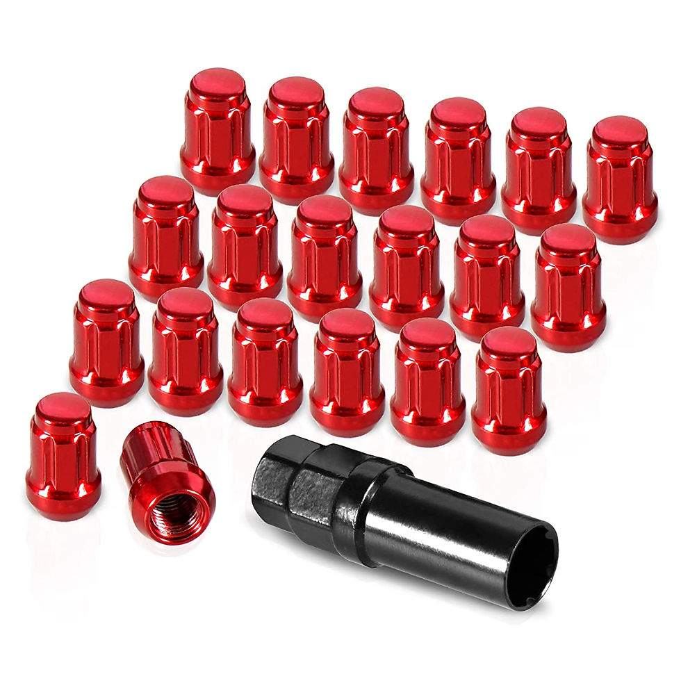 Thumbnail: Bright red lug nuts and a black tool, BRAAP Store Smart Car Lift Kits