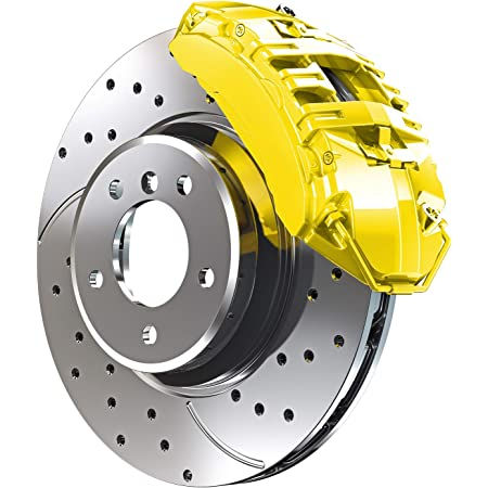 Thumbnail: Bright yellow brake caliper and drilled rotor, close-up, for optimal braking performance.