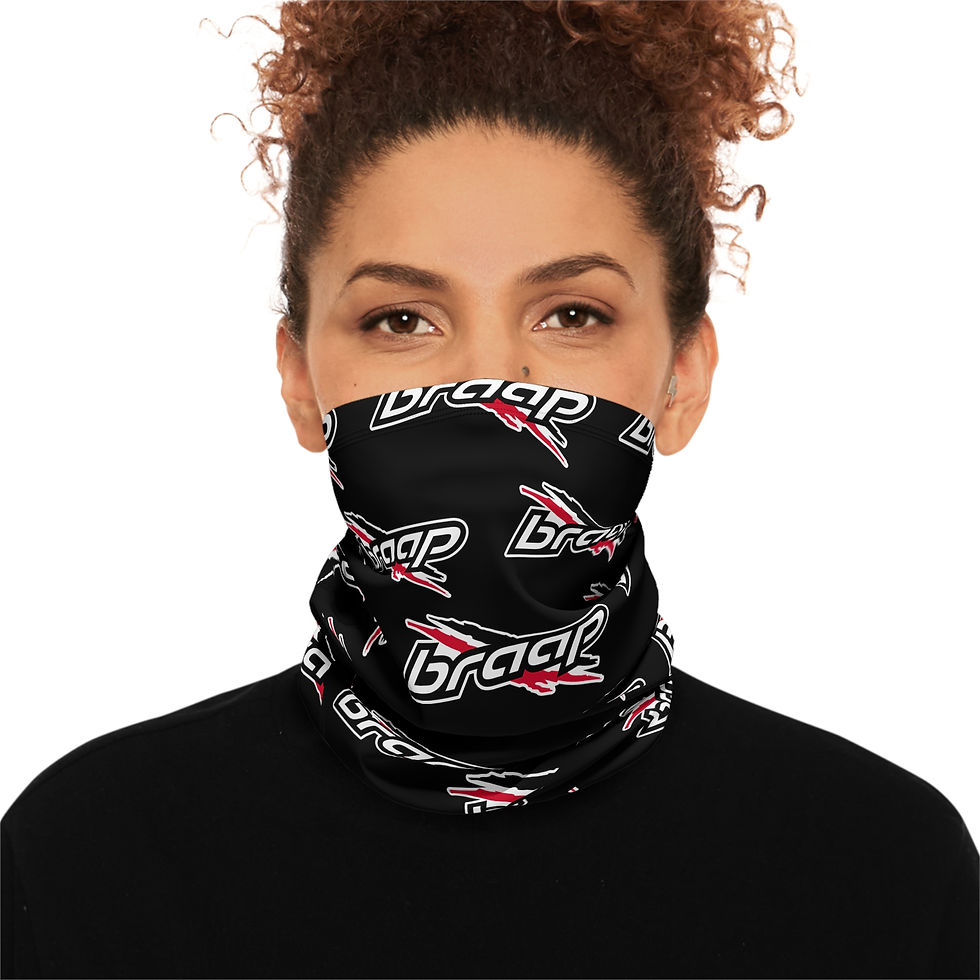 Thumbnail: Woman wearing a black neck gaiter with "BRAAP" logo design.