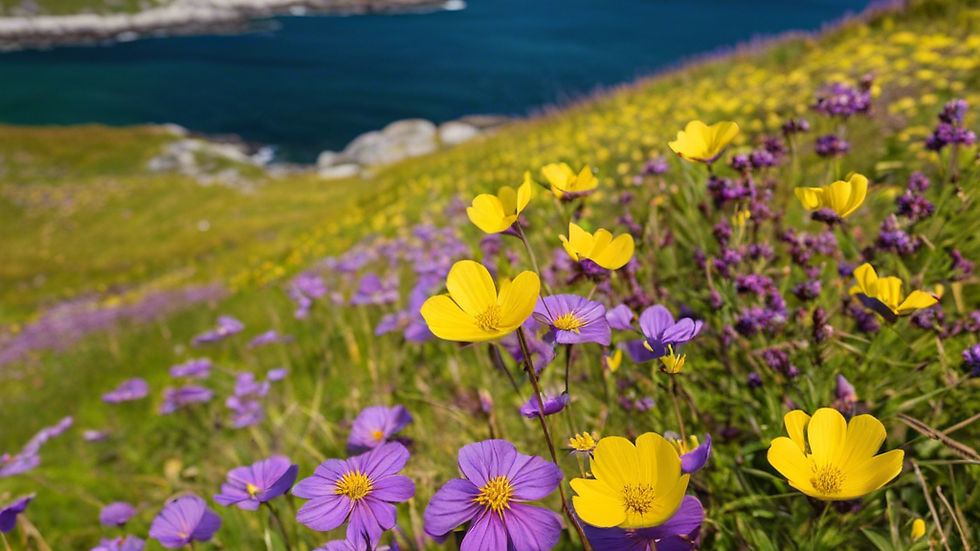 yellow and purple flower meadow in the west coast of norway without mountains in the backg