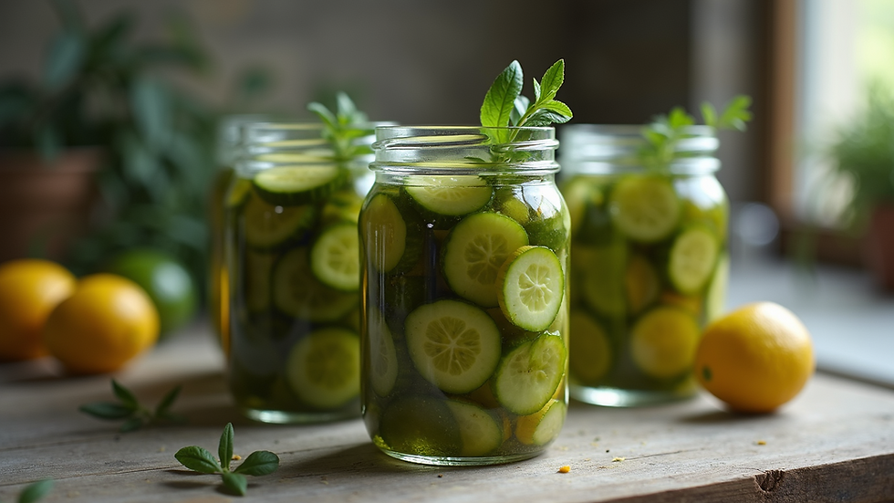 Close-up view of a jar filled with homemade cucumber pickles